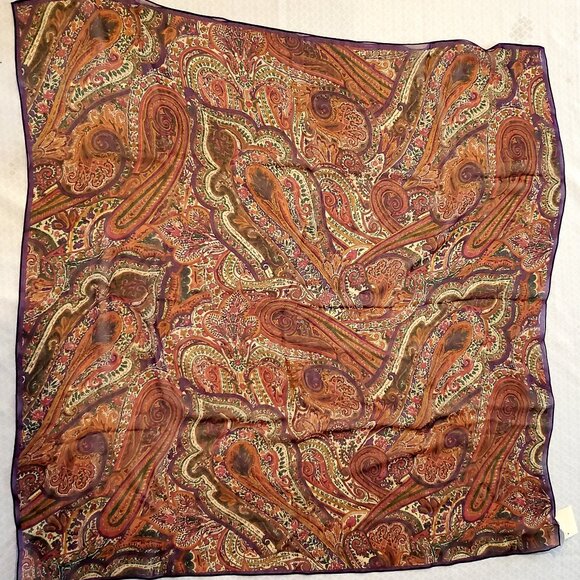 NWT 100% SILK Purple Brown Paisley Women's Scarf Multi-colour Earthy Square 36" - Picture 1 of 6
